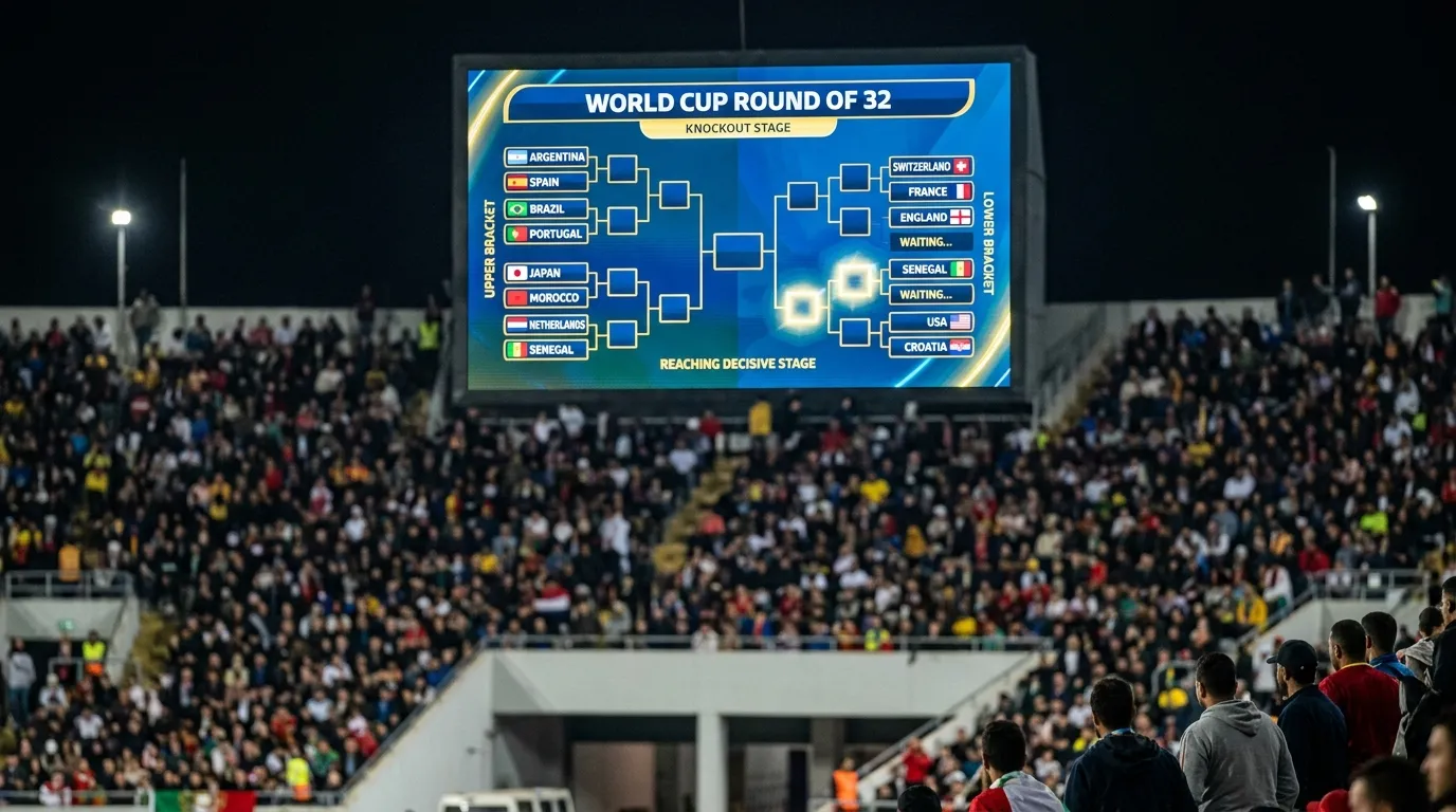 Knockout bracket graphic taking shape on a stadium big screen at the 2026 World Cup