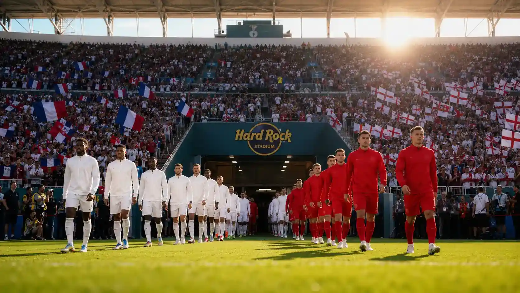 France and England players lined up before the third-place play-off at a sunlit Hard Rock Stadium in Miami, mixed tricolour and St George flags in the stands