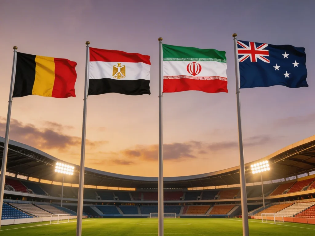 World Cup 2026 Group G featuring Belgium, Egypt, Iran and New Zealand flags against a stadium backdrop