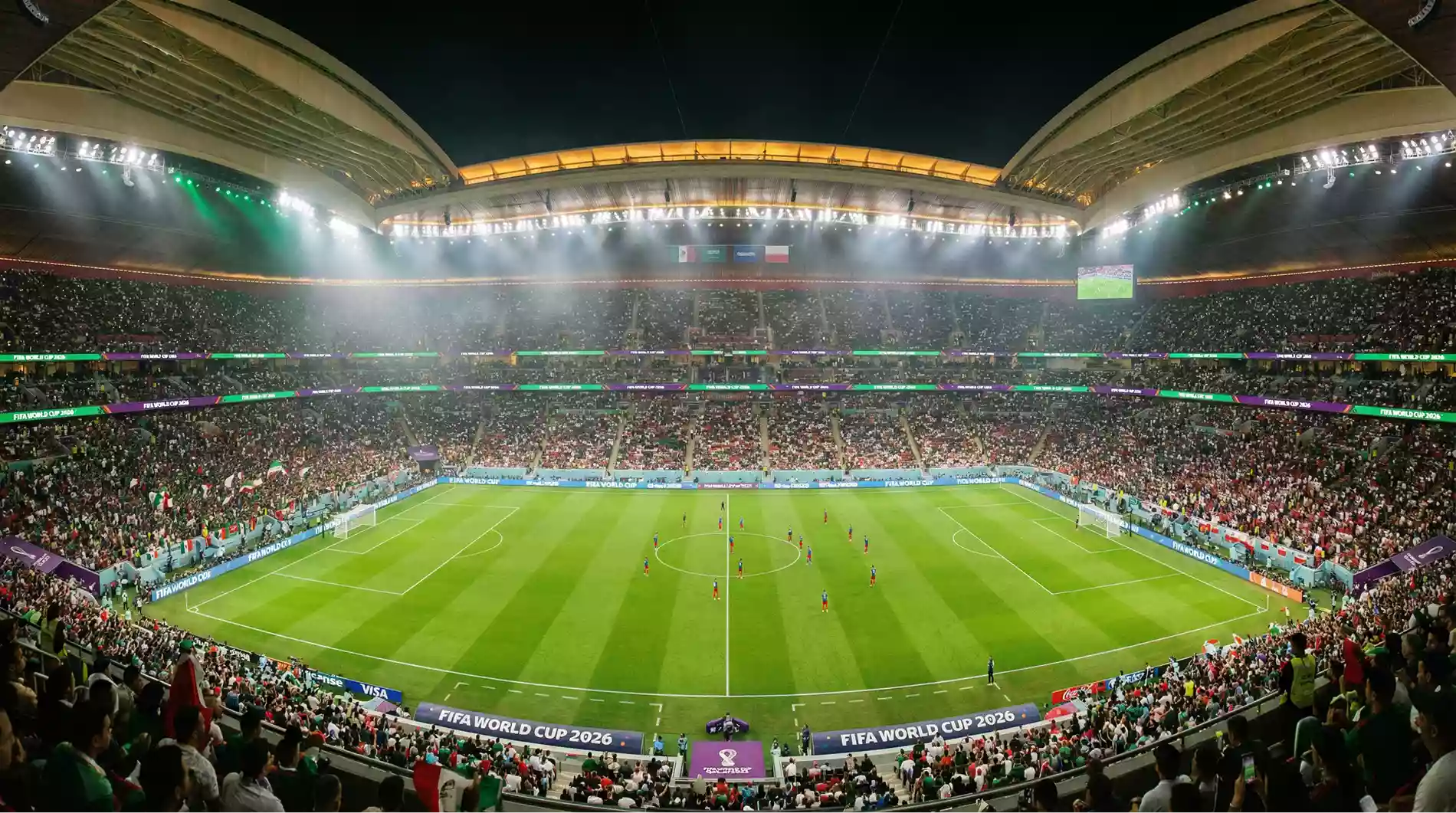 Packed football stadium at night with bright floodlights illuminating the pitch during a World Cup 2026 group stage match in North America