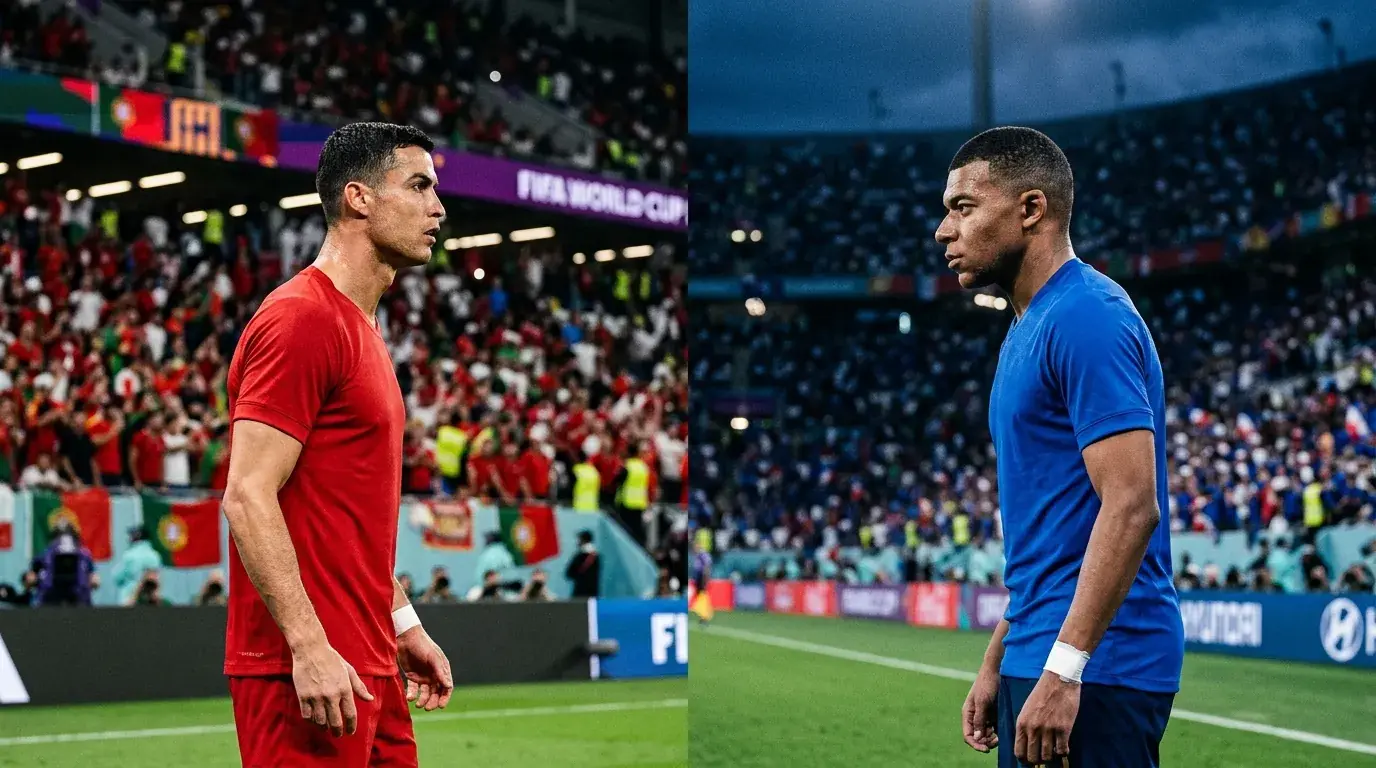Split-style image of two star strikers in red and blue facing off before a World Cup match