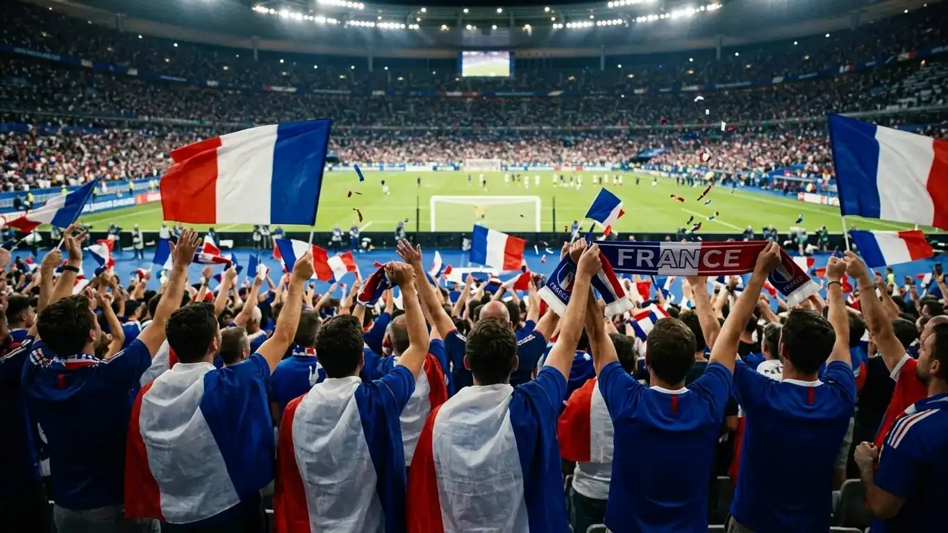 France supporters celebrating in the stands draped in tricolour flags at the World Cup