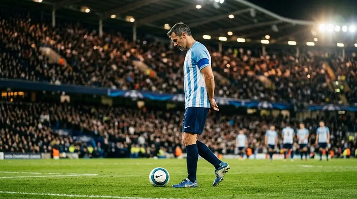 A captain in a sky-blue striped kit lining up a free kick under stadium lights