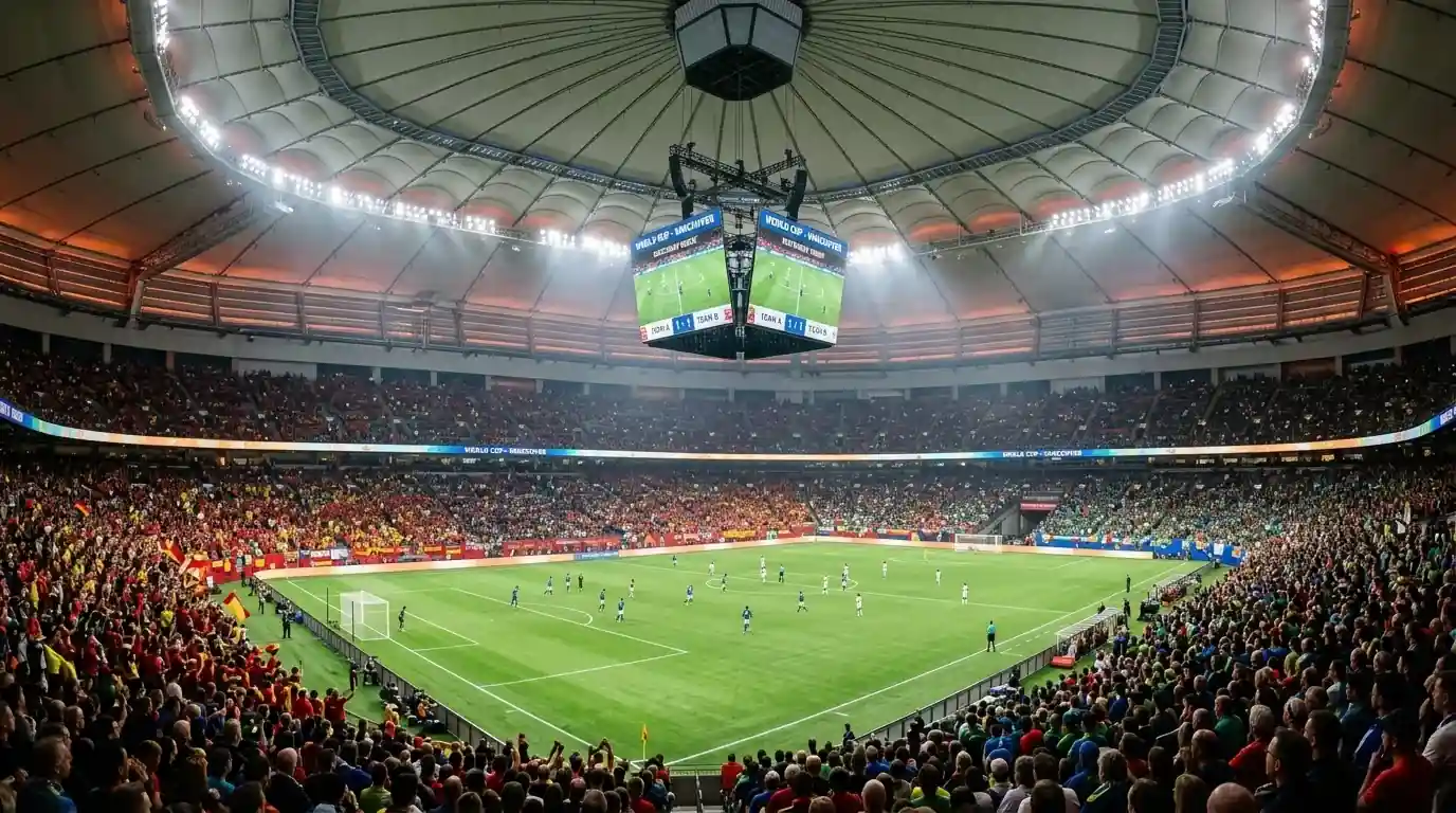 A packed, roofed BC Place in Vancouver under the lights on World Cup matchday