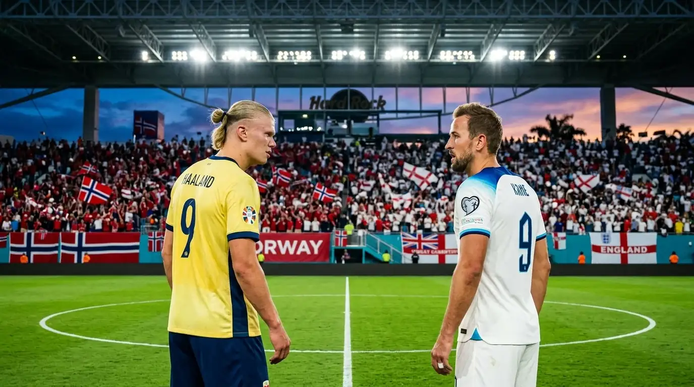 Haaland in Norway yellow and Kane in England white facing off inside a vibrant Miami stadium at dusk