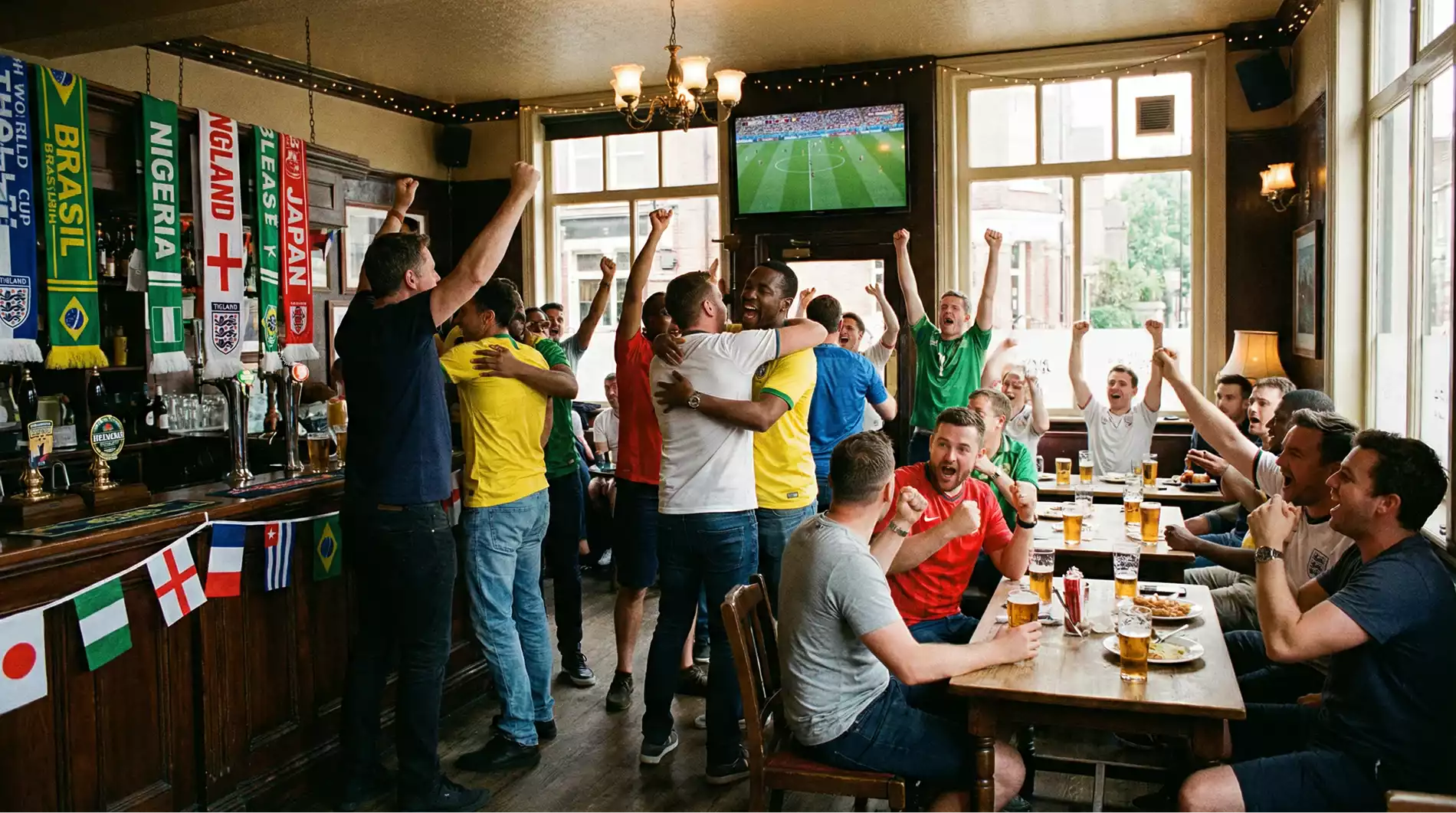 Group of excited football fans in a pub watching a World Cup match on a large screen with scarves and flags draped over the bar