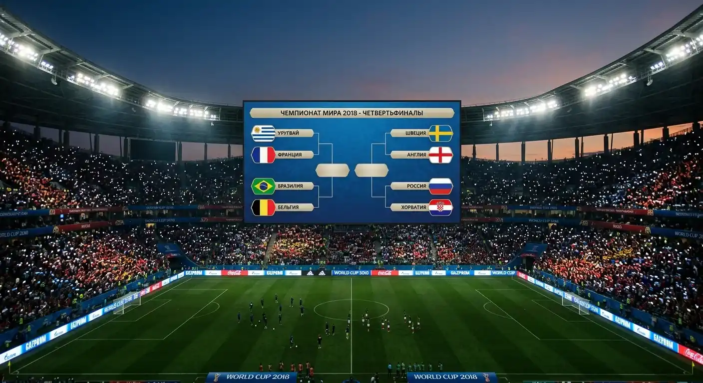 A packed World Cup stadium at dusk with the quarter-final bracket lit up on the big screen