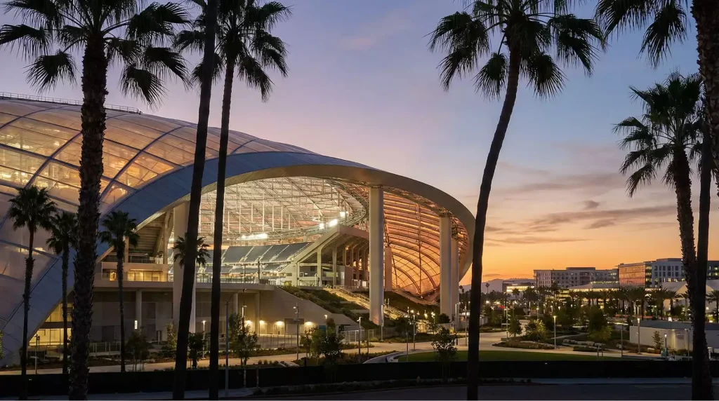 SoFi Stadium exterior in Inglewood, Los Angeles, venue for Iran vs New Zealand at the 2026 World Cup