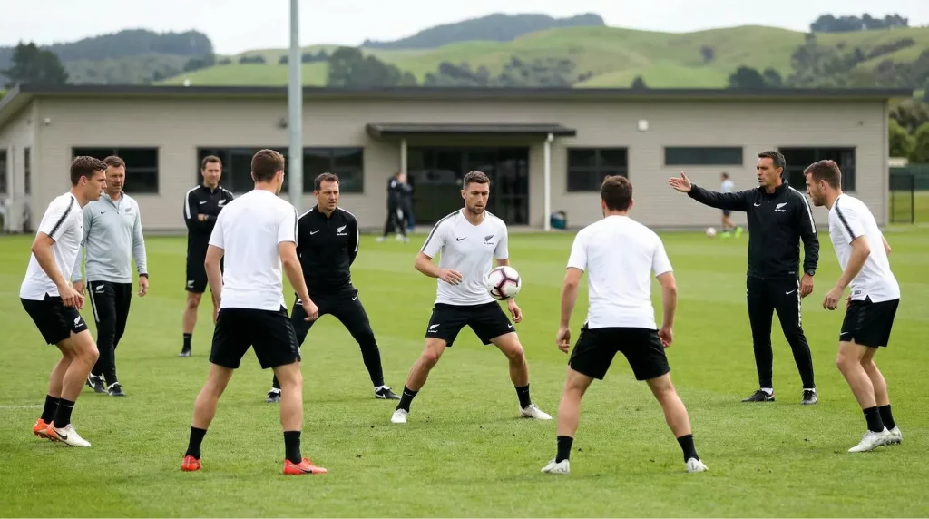 New Zealand All Whites squad training in formation wearing white kits with silver fern emblems