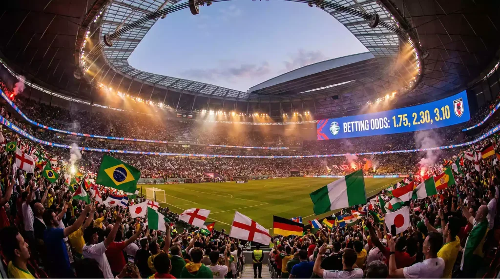 Football stadium filled with supporters waving flags from 48 nations, giant screen showing decimal odds display