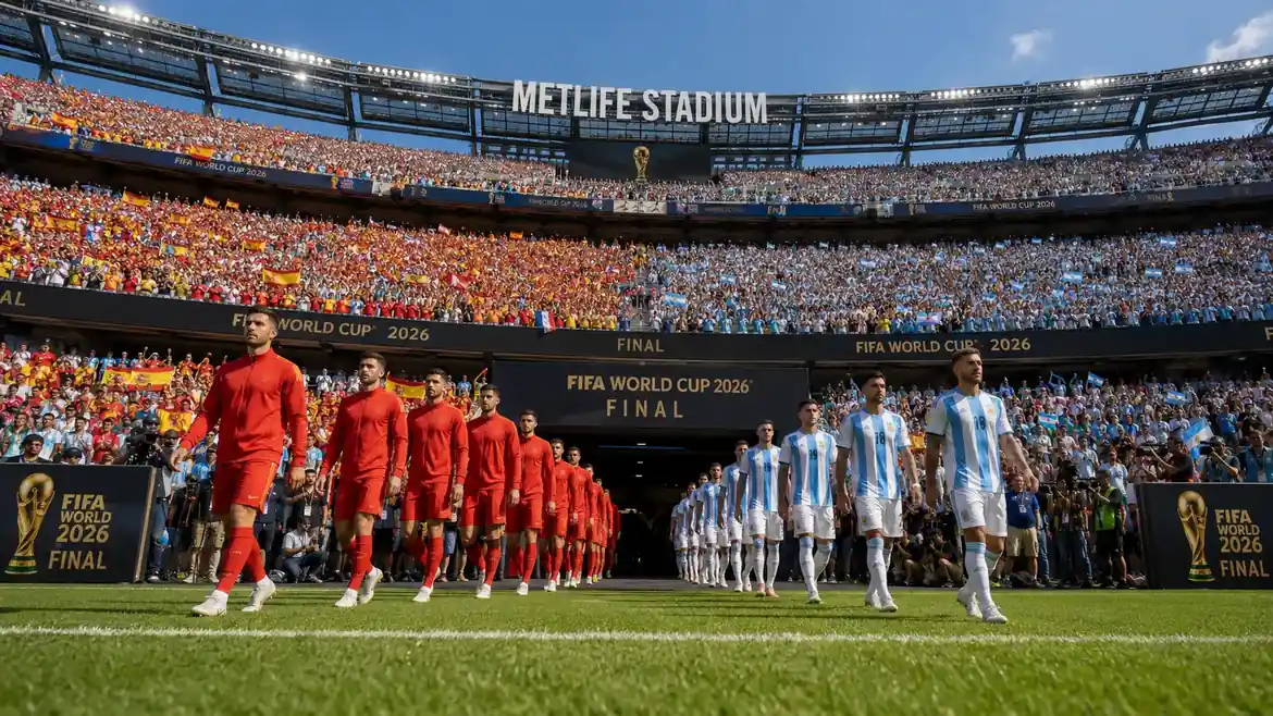 Spain and Argentina players walking out at MetLife Stadium under a clear sky before the World Cup final, packed stands with red-and-yellow and sky-blue-and-white flags
