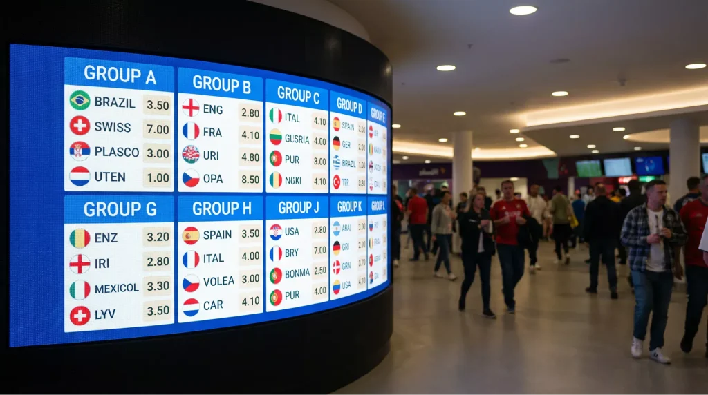 Betting screen showing group stage odds for all twelve World Cup 2026 groups with team flags and decimal prices