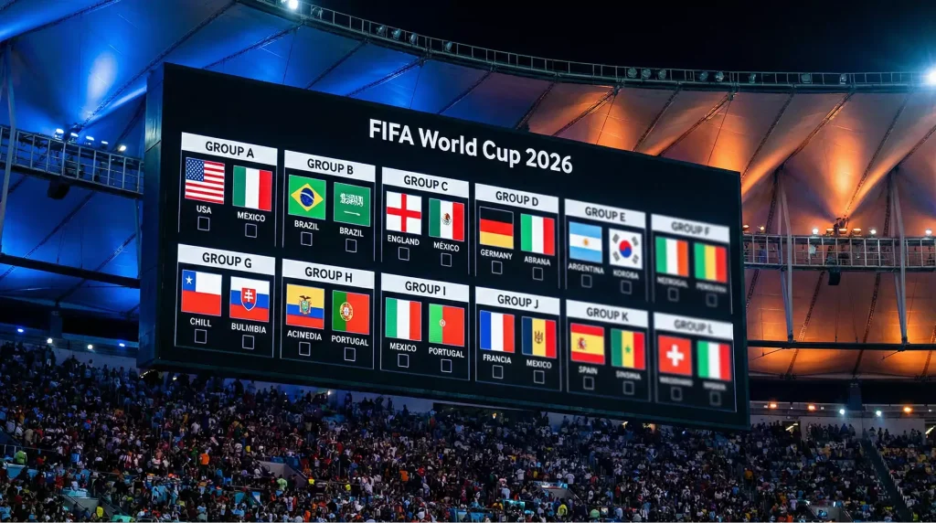 Giant tournament bracket display showing all twelve World Cup 2026 groups with national flags on digital scoreboard