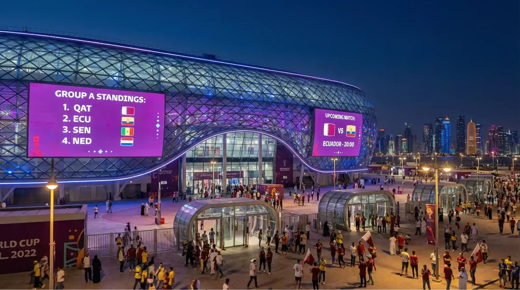 Night view of World Cup stadium with digital displays showing Group A standings and match schedule