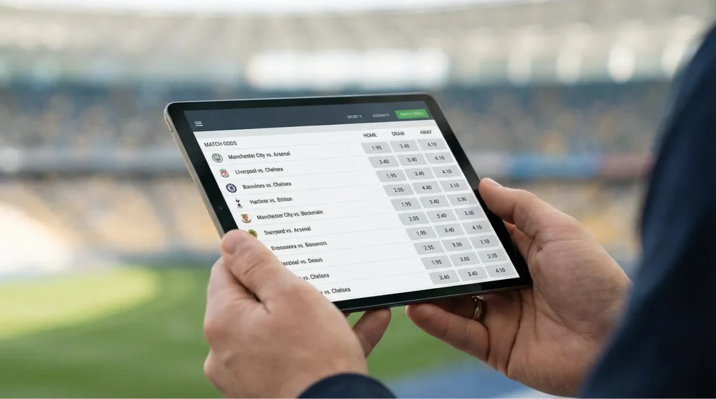Tablet screen showing decimal odds comparison table for World Cup group stage matches