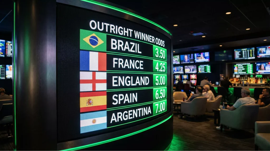 Digital betting board showing decimal odds for World Cup 2026 outright winner market with national flags