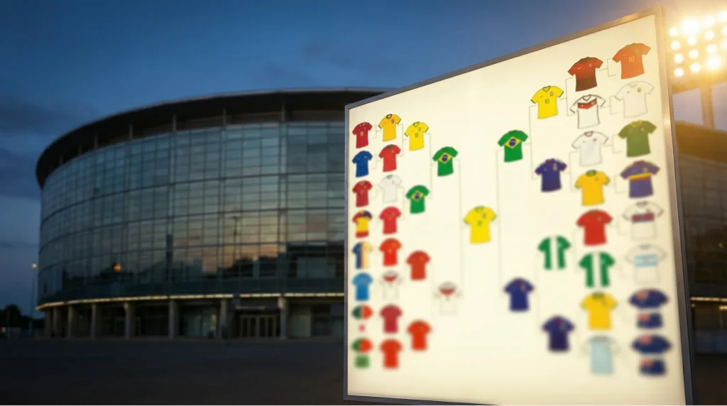 Mosaic of 48 national team jerseys arranged in tournament bracket formation against stadium backdrop