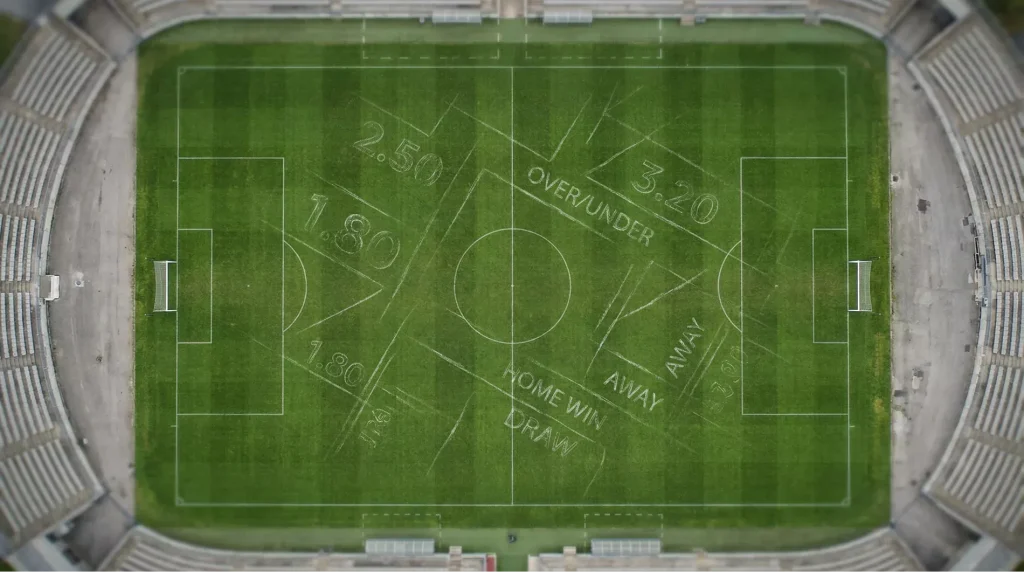 Football pitch overlay with betting terminology and decimal odds displayed in a data-style layout