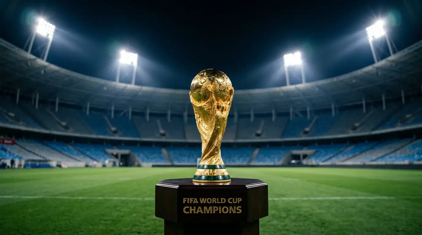 The World Cup trophy on a plinth under stadium lights with an empty MetLife pitch behind it