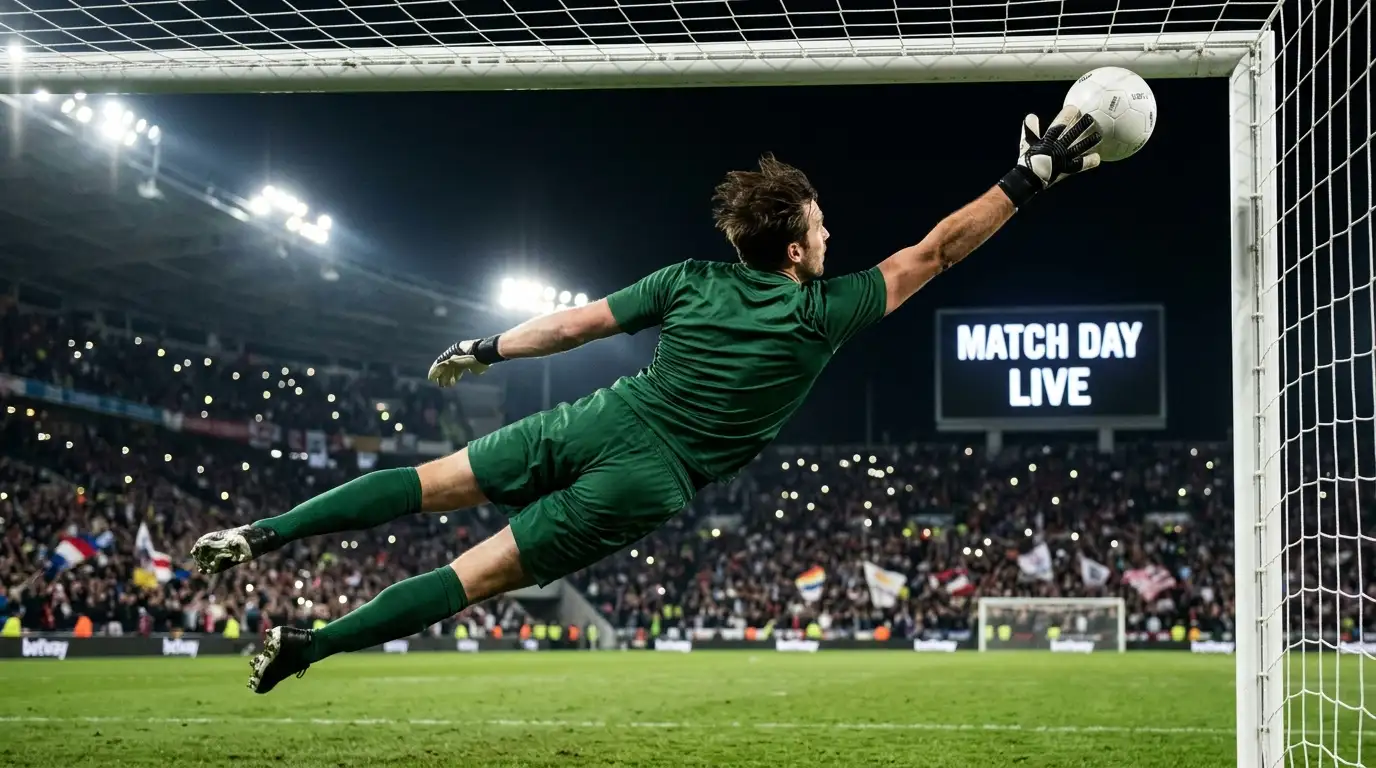 A goalkeeper in a dark kit diving to make a save, clean-sheet celebration, floodlit stadium