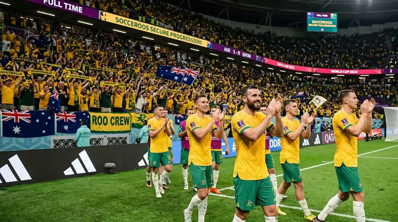 Australia Socceroos players applauding fans after securing World Cup progression