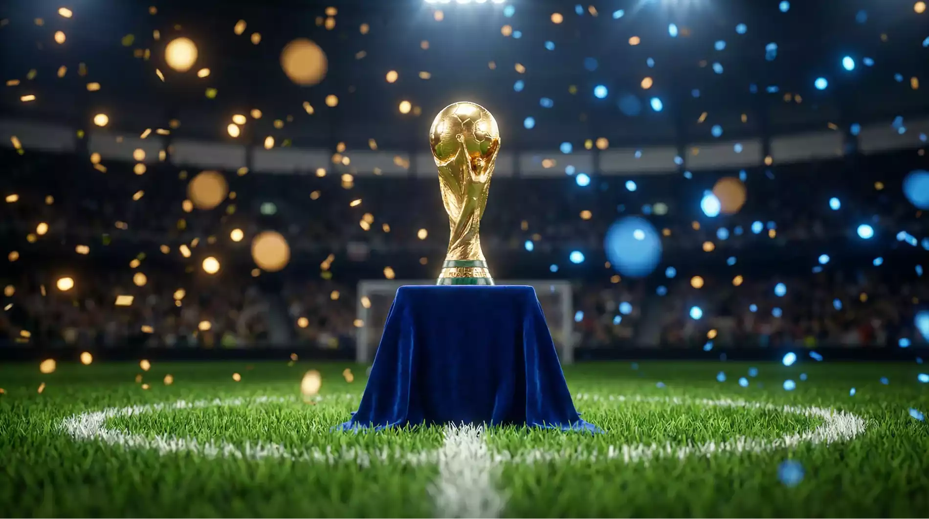 Golden football trophy gleaming under spotlights on a podium at the centre of a World Cup stadium with confetti falling